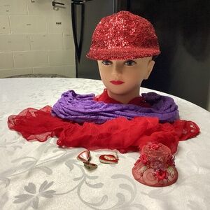 Red Hat Society hat scarf earrings n pin bonus decor hat